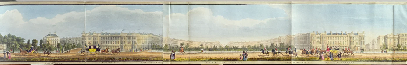 Lugar do St. Andrew, Crescente do parque e terraço de Ulster, detalhe de "uma vista panorâmica em volta do parque do regente", bar. por Ackermann, 1831 (aquatint)